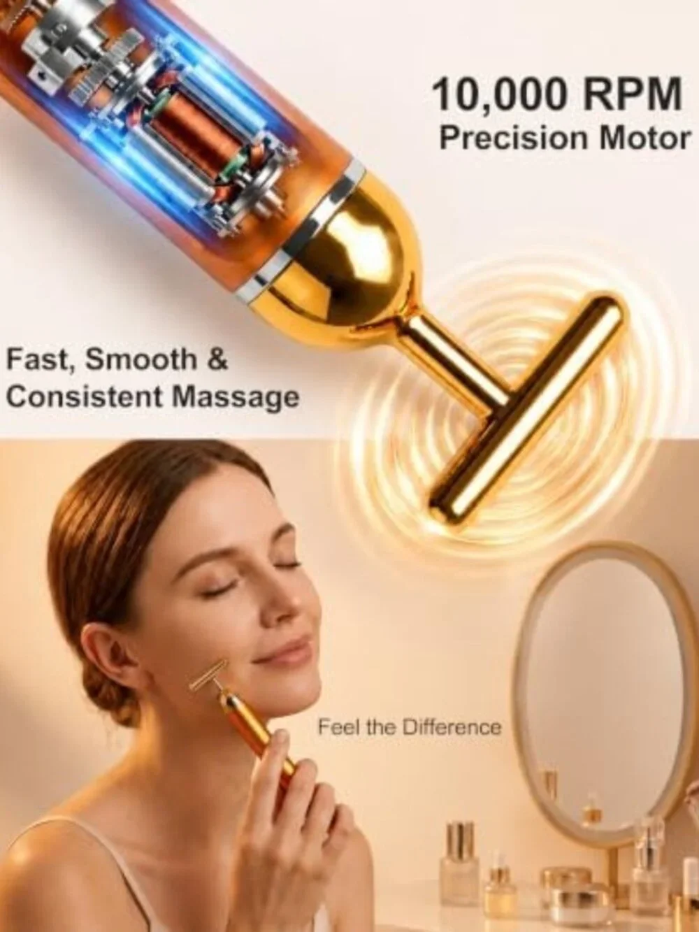 Rechargeable Golden Vibrating Face Massager Roller for Lymphatic Drainage